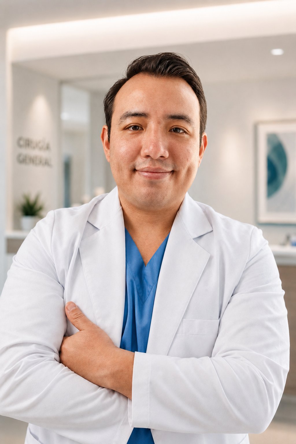 Male healthcare professional in white lab coat and blue scrubs standing in modern medical office with arms crossed