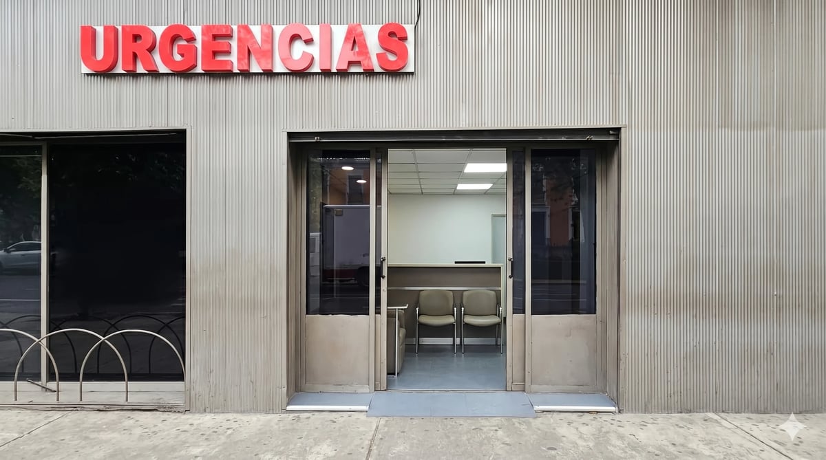 Exterior of a medical emergency room entrance with red URGENCIAS sign above glass doors and metal facade
