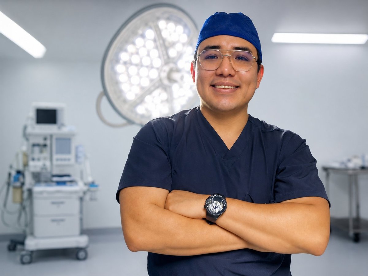 Dr. Carlos Arturo Martínez Martínez, cirujano general, con uniforme quirúrgico azul marino, brazos cruzados, sonriendo con confianza en quirófano profesional