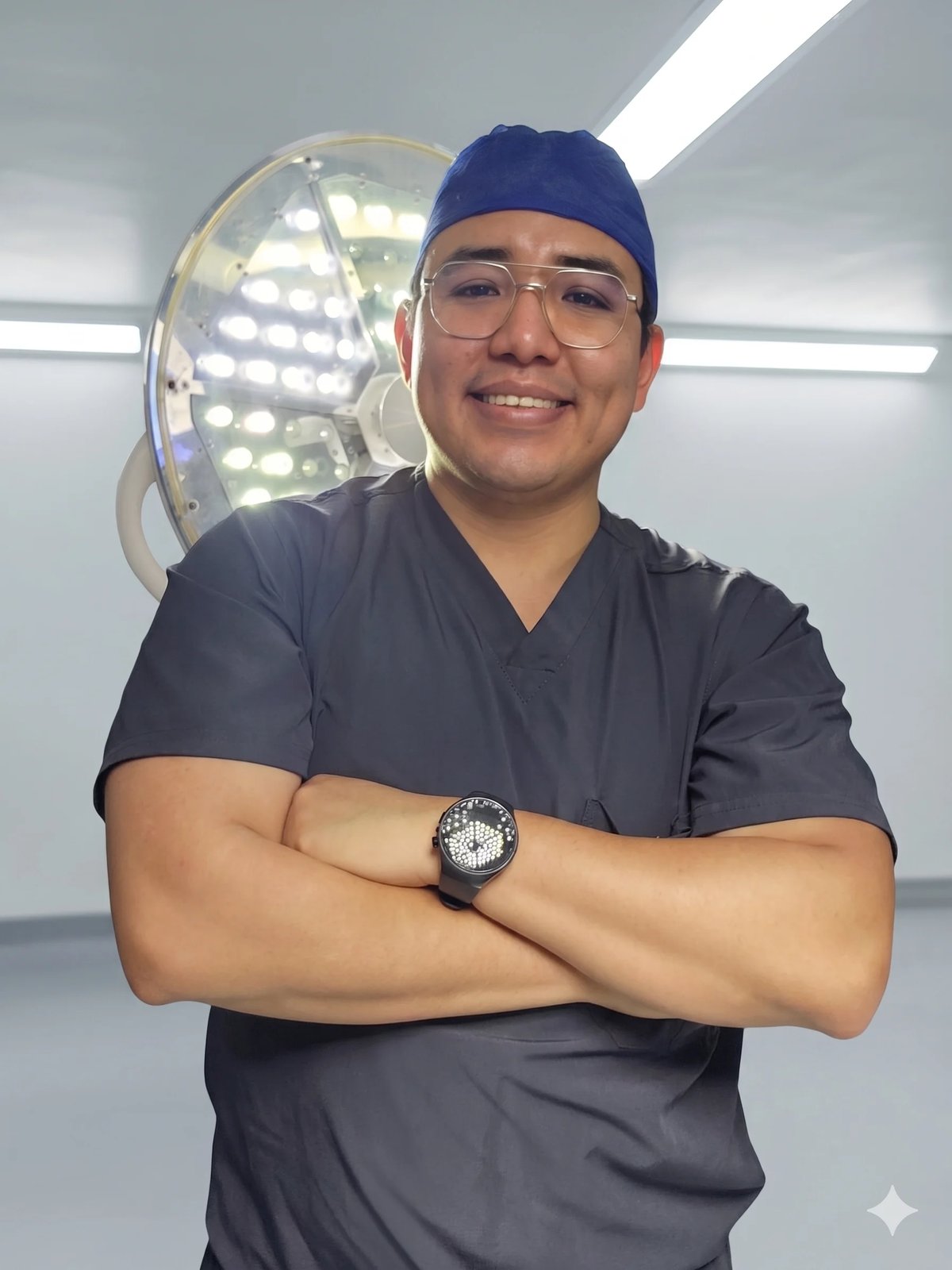 Healthcare professional in surgical scrubs, blue headband, and glasses posing with arms crossed in an operating room